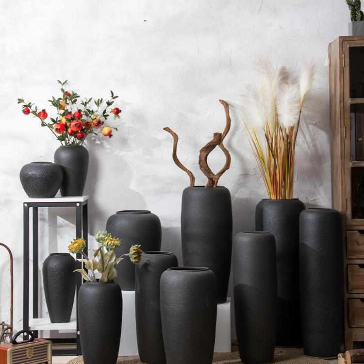 景德镇落地花瓶黑色粗陶罐酒店名宿客厅摆件高颜值现代简约装饰品