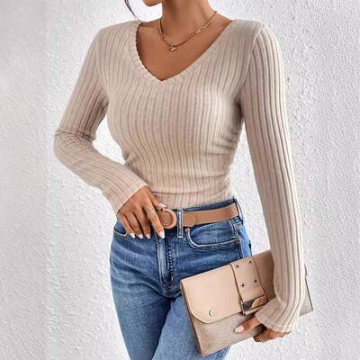 Women'S Solid Color V Neck Sweater Pullover, Casual Long