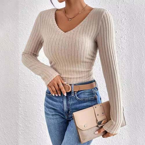 Women'S Solid Color V Neck Sweater Pullover, Casual Long