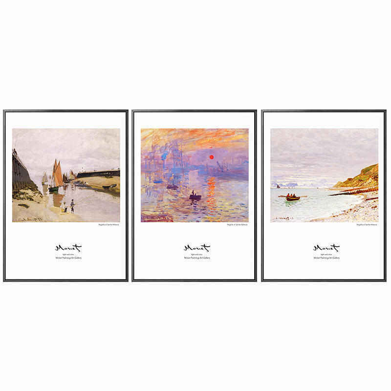 莫奈名画挂画样板间客厅装饰画 沙发背景墙壁画带框三联画批发