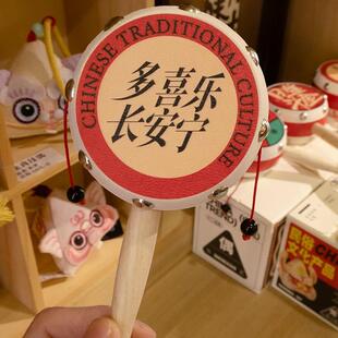 羊皮拨浪鼓儿童老式实木手柄手工波浪鼓宝宝手摇货郎鼓婴儿玩具