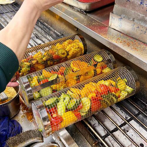 BBQ不锈钢滚动烧烤筒304不锈钢滚筒可携式加厚户外露营摆摊烧烤炉