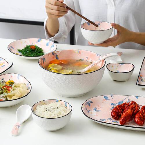 整箱工厂直日发网OMT红花碗碟陶彩瓷餐具式釉茶下家用米饭碗菜盘