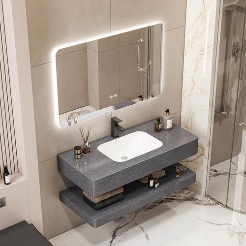 酒店简约岩板无缝洗漱盆一体陶瓷浴室柜定制家用卫浴挂墙式洗脸池