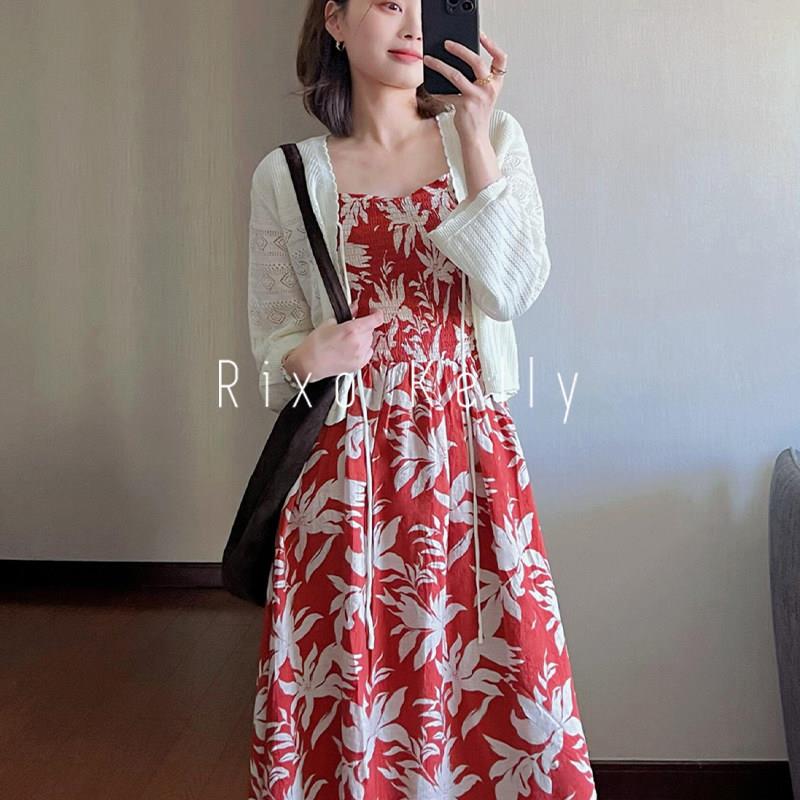 Rixo Kelly法式红色吊带碎花连衣裙子女夏季新款早春绝美漂亮长裙