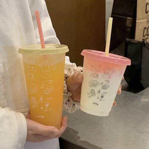 ins涂鸦水杯夏天透明塑料杯吸管杯子女生高颜值食品级pp杯果汁杯