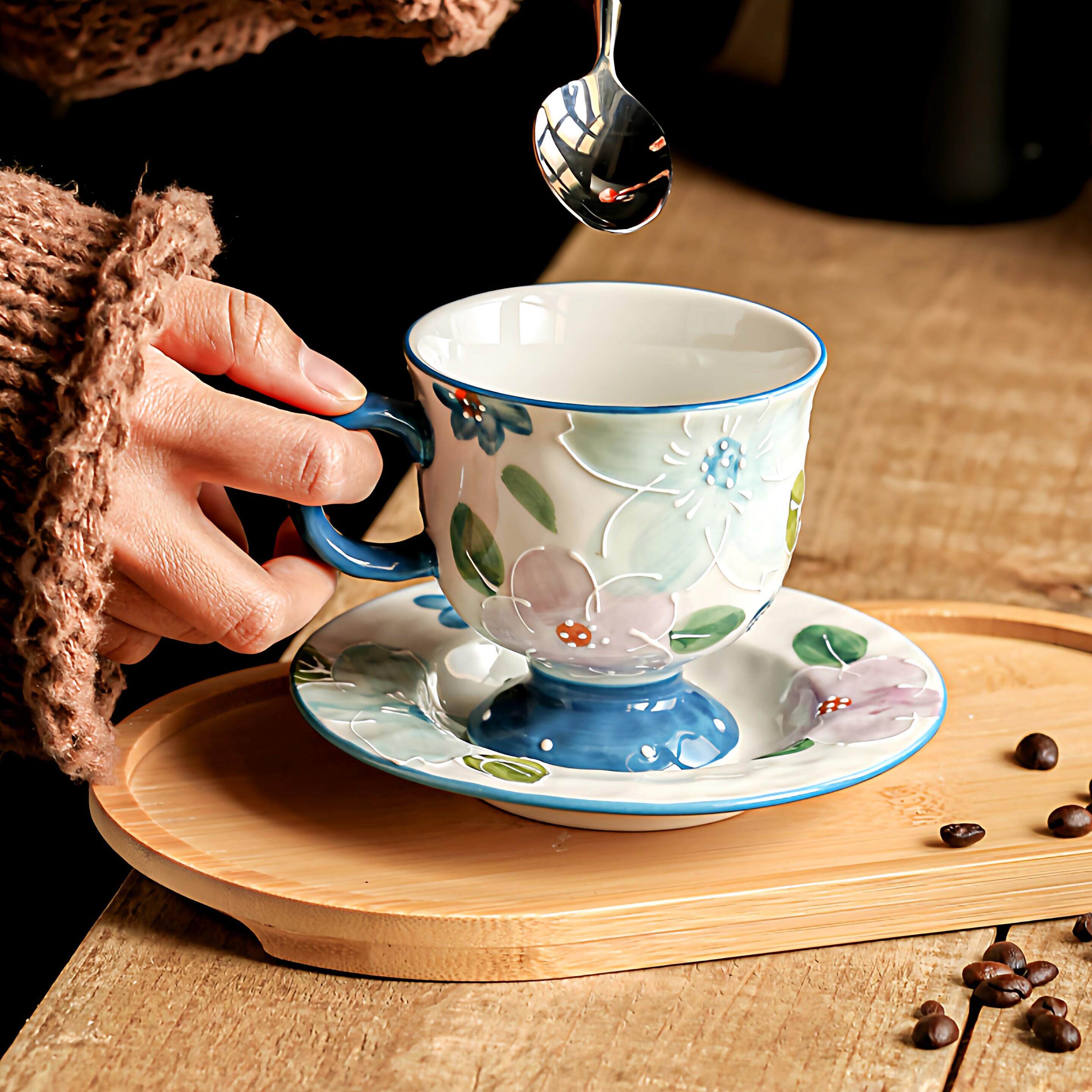 杯碟套装杯子高脚杯陶瓷马克杯拉花专用咖啡杯家用待客杯下午茶杯