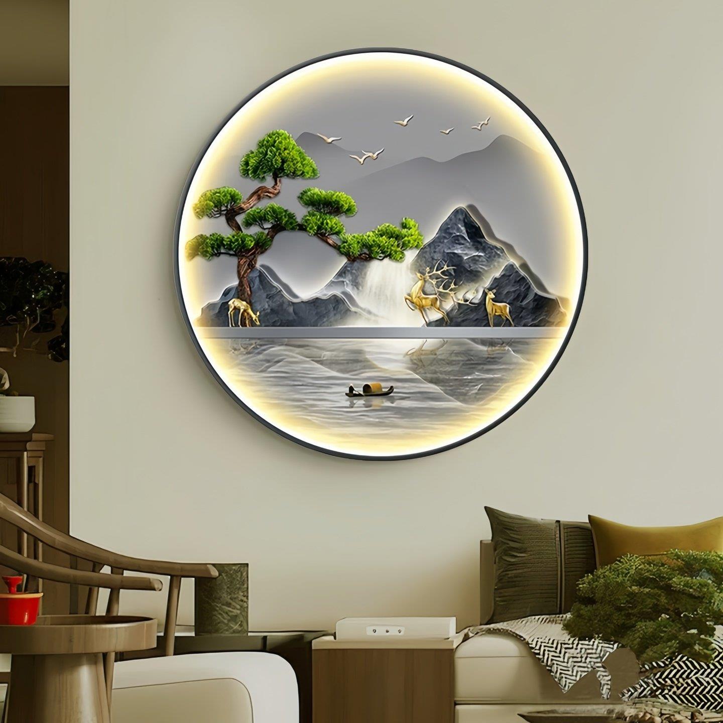 YX-232鱼图入户进门玄道关背景装饰画光轻奢走带灯挂画山水圆形发
