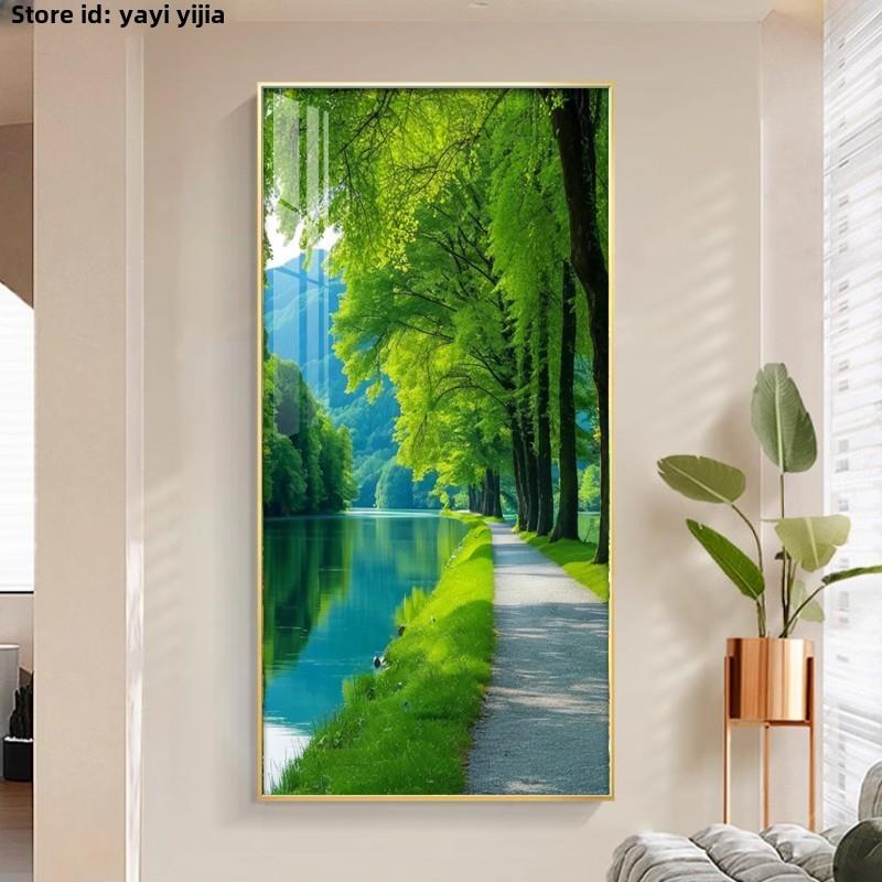 绿色大树流水田园风景玄关装饰画蓝天白云走廊过道楼梯挂画竖式画