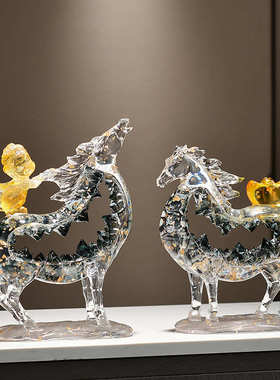 镂空透明马上有钱摆件一对招财客厅电视柜酒柜办公室装饰乔迁礼品