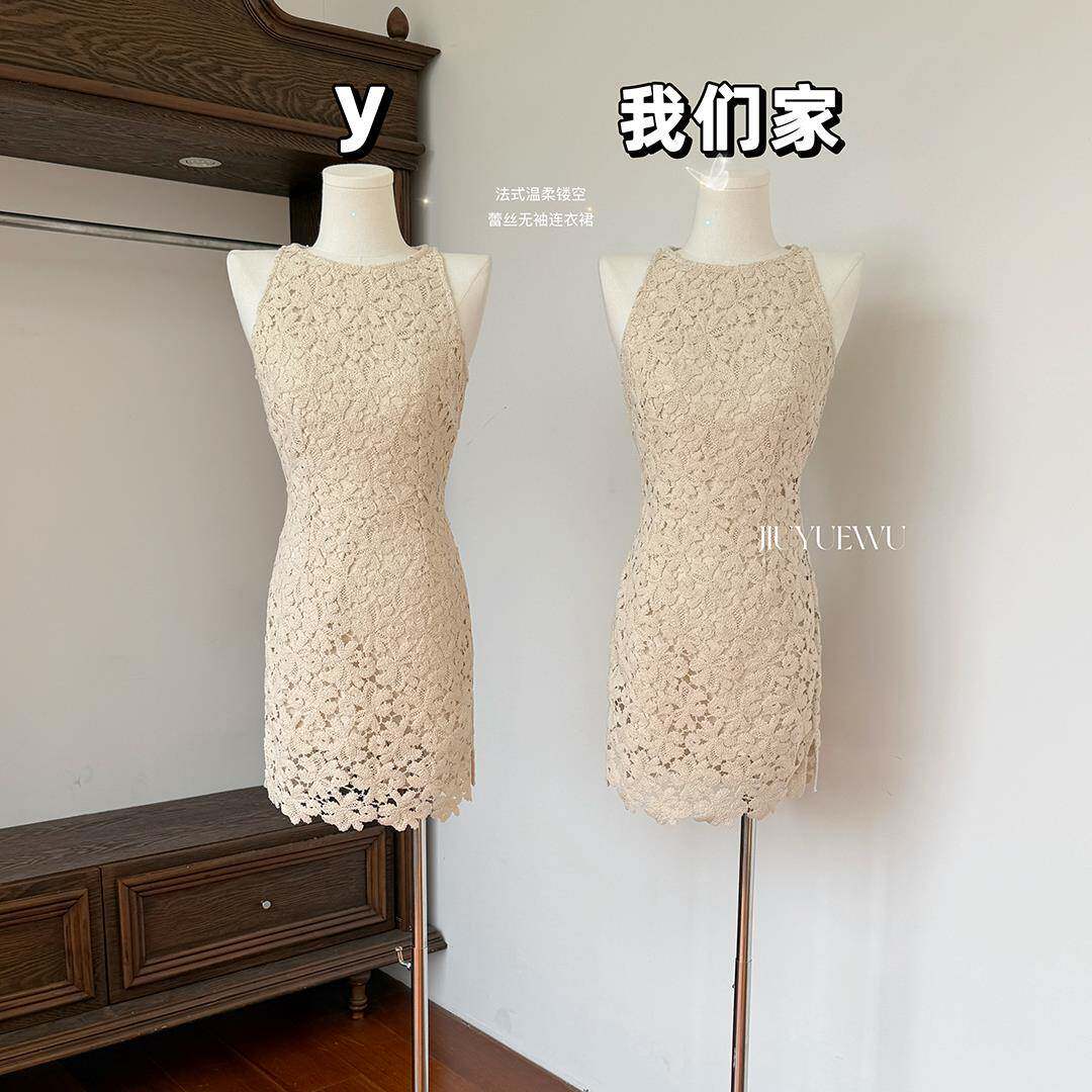 法式温柔洋装女春季礼服镂空蕾丝无袖内搭短款裙子新