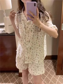 纯棉夏季小兔子睡衣女甜美可爱少女短袖短裤翻领家居服套装可外穿