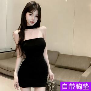 性感辣妹抹胸带胸垫修身包臀连衣裙女夏季小个子收腰挂脖打底短裙