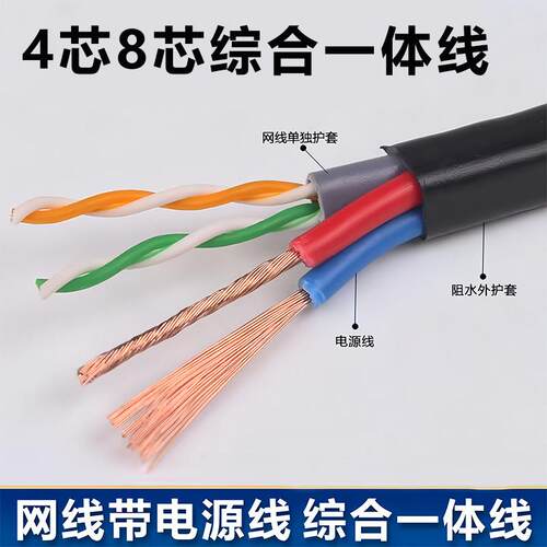 监控网线带电源综合一体线4芯8芯室外阻水网络线无氧铜芯监控线