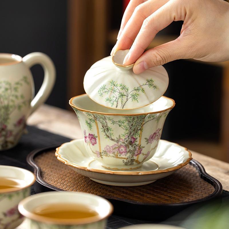 念云居米黄汝窑春燕梅花三才盖碗茶杯单个大号陶瓷带盖泡茶碗