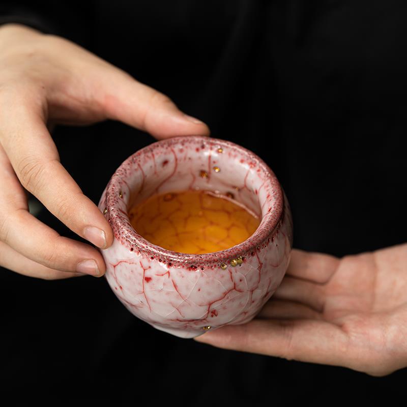 手工拉胚粉引龙鳞釉主人杯复古大茶杯陶瓷茶具品茗杯窑变茶杯中式
