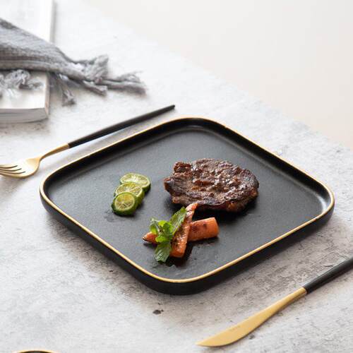 Nordic Black Steak Plate Square Matte Ceramic