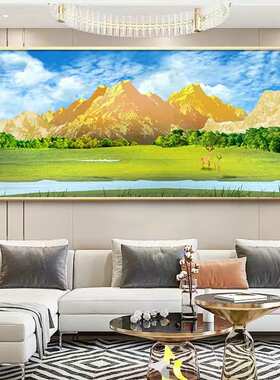 金山挂画油画青绿西墙靠山家有聚财客厅八方招聚宝盆背景沙发山水