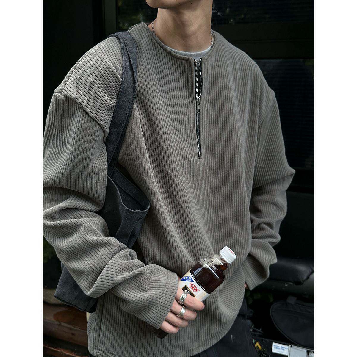 MANCHER 450G欧洲坑条质感面料半拉炼卫衣男春秋慵懒风套头外套潮
