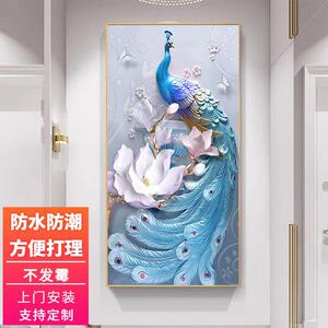 孔雀入户玄关装饰画走廊过道尽头挂画现代轻奢客厅寓意好LED灯画