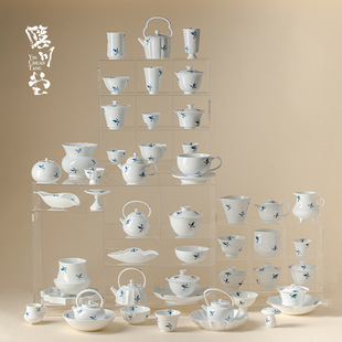 白瓷纯手绘蝴蝶兰花陶瓷茶壶盖碗茶杯家用茶盘公道杯茶漏