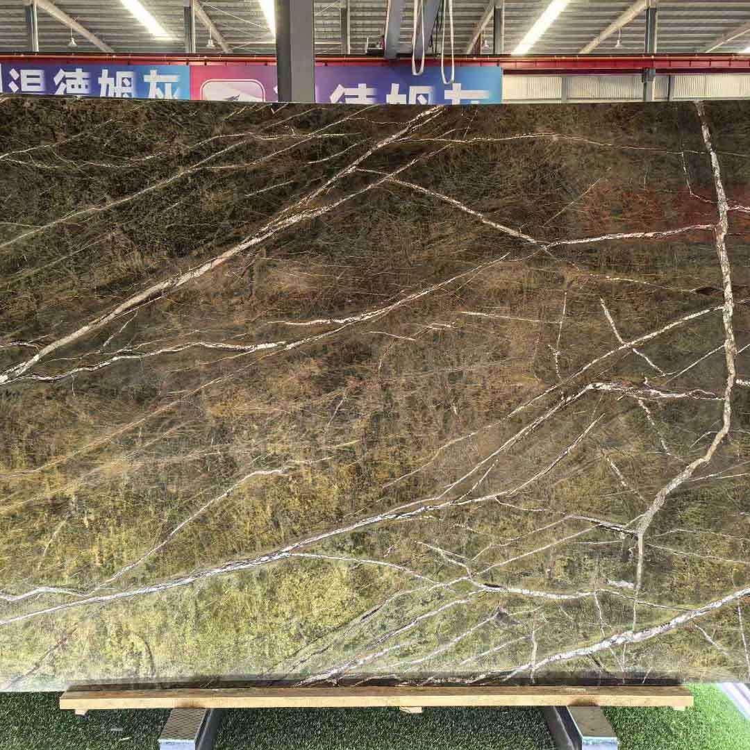 热带雨林绿色奢石餐桌 小圆桌茶几台面板大理石桌面石材