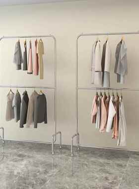 服装店展示架不锈钢拉丝银落地式双层可调节挂衣杆女装店带轮货架