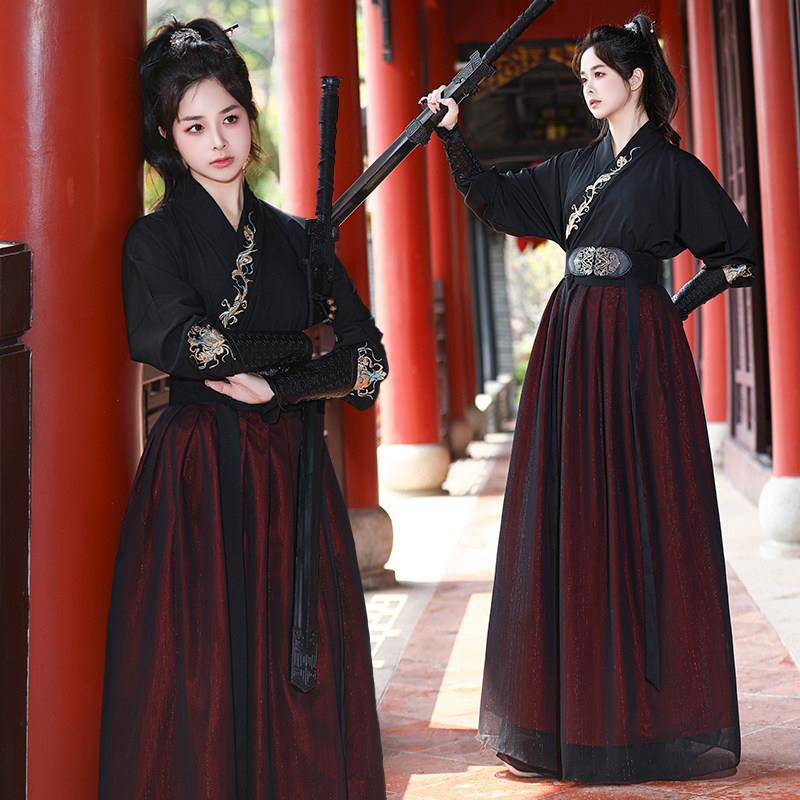 侠客风汉服男女古风霸气长袖交领刺绣青少年武侠风演出服武侠班服图片