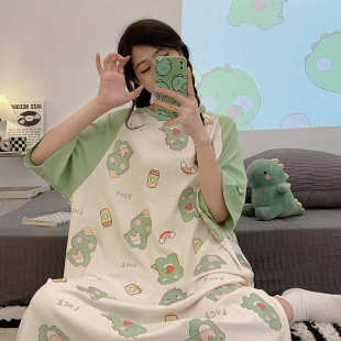 孕妇简约可爱宽松家居服中长款 ins风夏季 薄款 女睡裙女夏短袖 大码