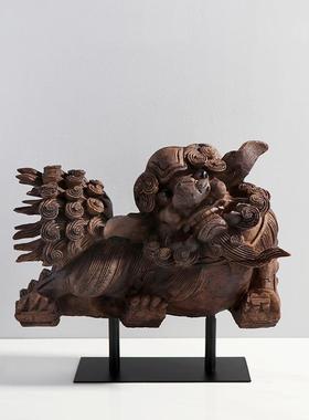 新中式麒麟狮子彷木侘寂风摆件样板房书房客厅软装饰品东方创意