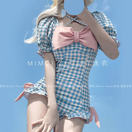 mimoicloset浅蓝色格子，2024日系可爱少女连体温泉，游泳衣女款