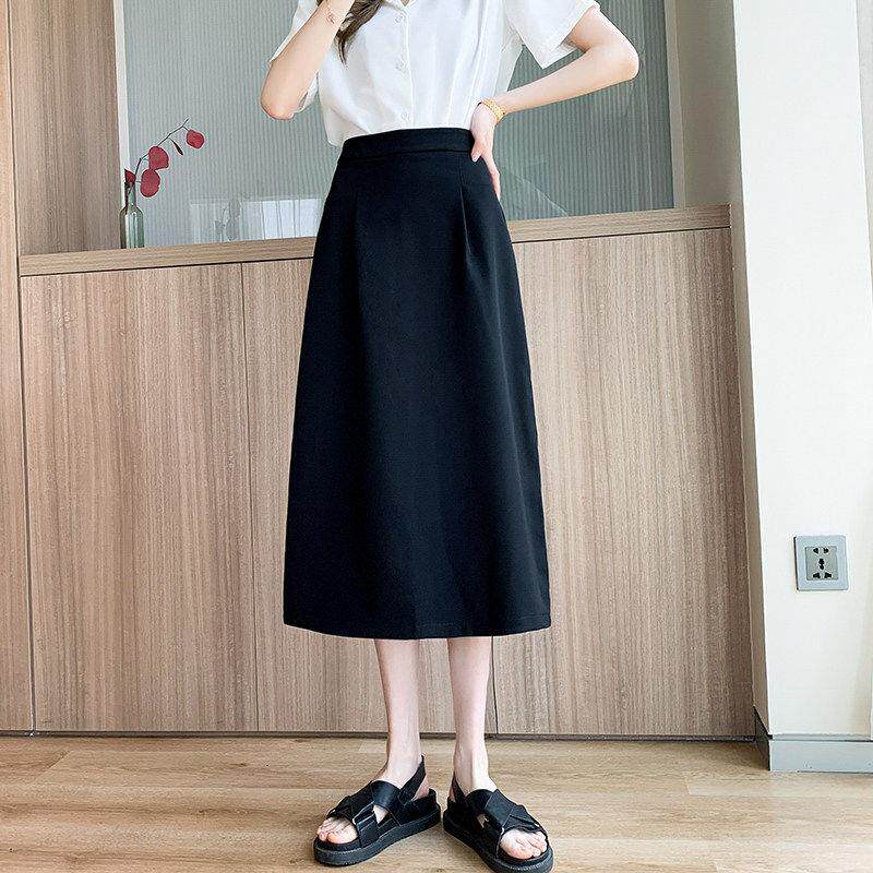 黑色半身裙女夏季中长薄款小个子高腰西装大尺码显瘦开叉一步a字