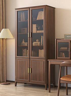 黑胡桃木230215书新用式实木书房柜玻璃中门储物柜展示柜一体书书