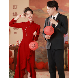 新中式鱼尾旗袍敬酒服2024新娘酒(新娘酒)红色长袖，结婚红裙子订婚礼服
