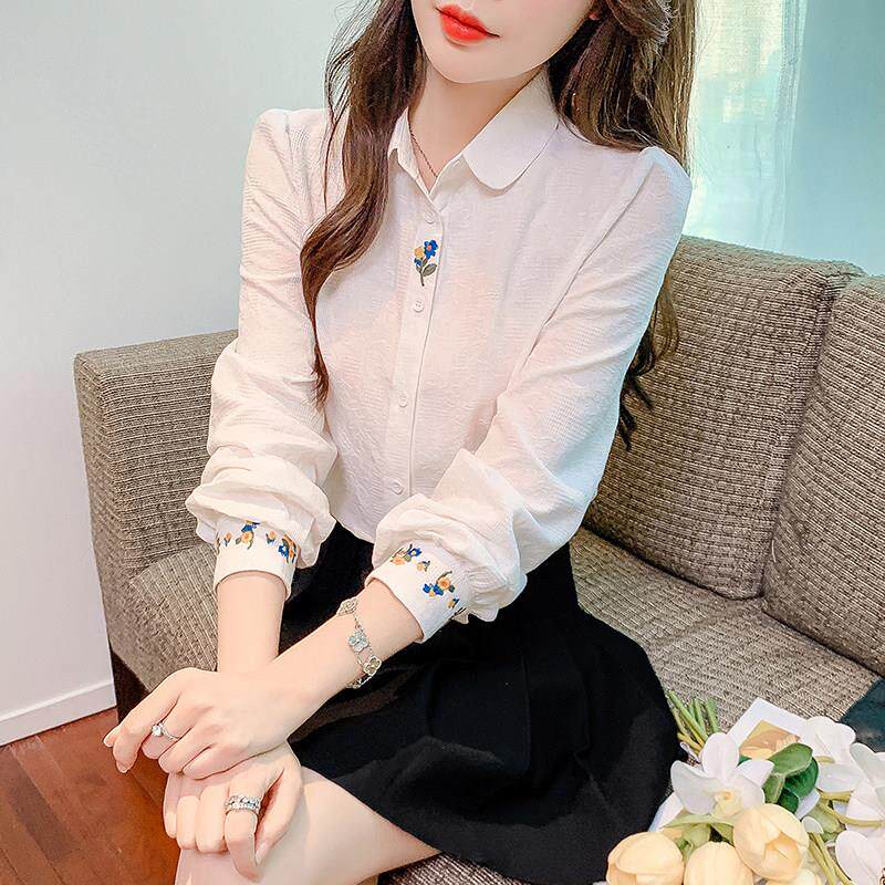 纯棉白色衬衫女长袖秋季2026年新款洋气显瘦绣花衬衣休闲百搭上衣