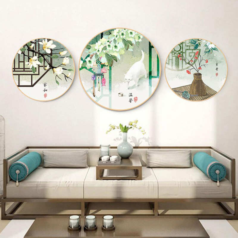 中式客厅圆形装饰画荷花玄关壁画餐厅挂画实木圆框画沙发背景墙画图片