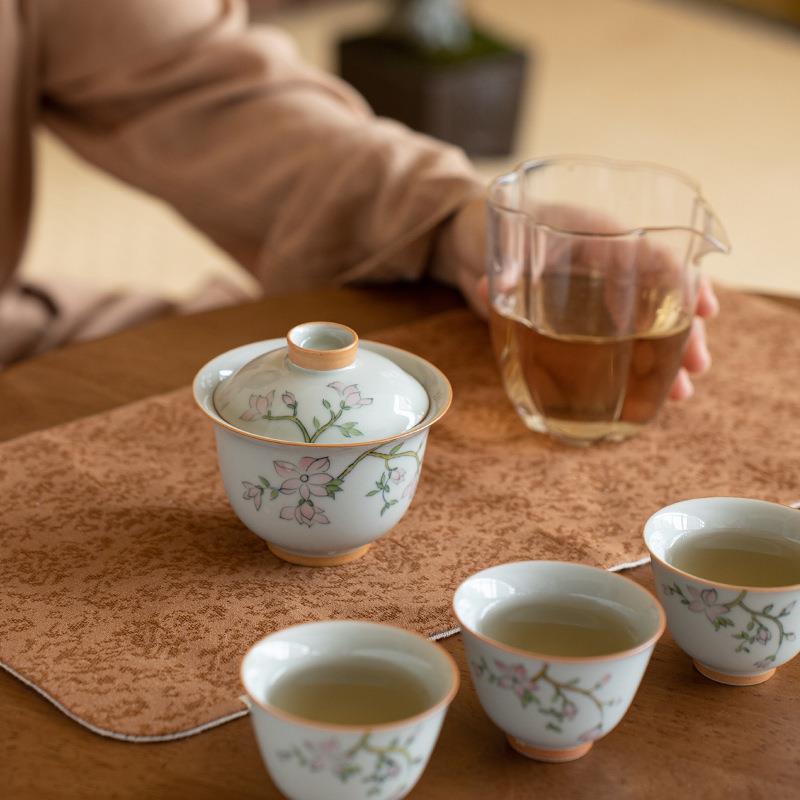 仿古青玉兰花盖碗手绘陶瓷茶具单泡茶碗家用小盖碗二才盖杯茶碗