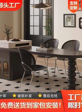 黑色岩板岛台餐桌一体家用法式复古风意式全实木高级端可伸缩倒台