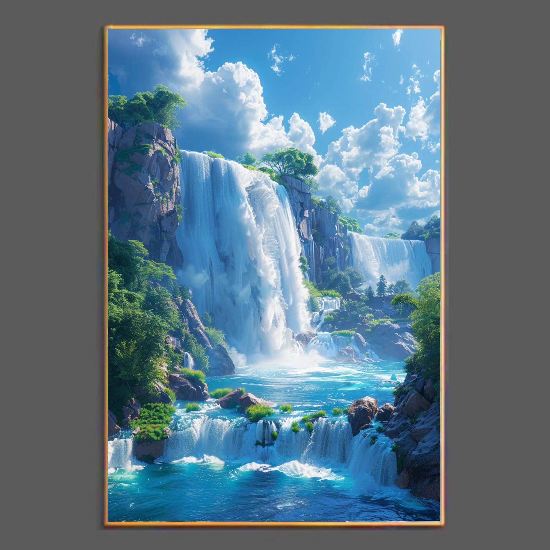 聚财瀑布客厅装饰画 玄学风水现代背景墙画 免打孔金属框可客制