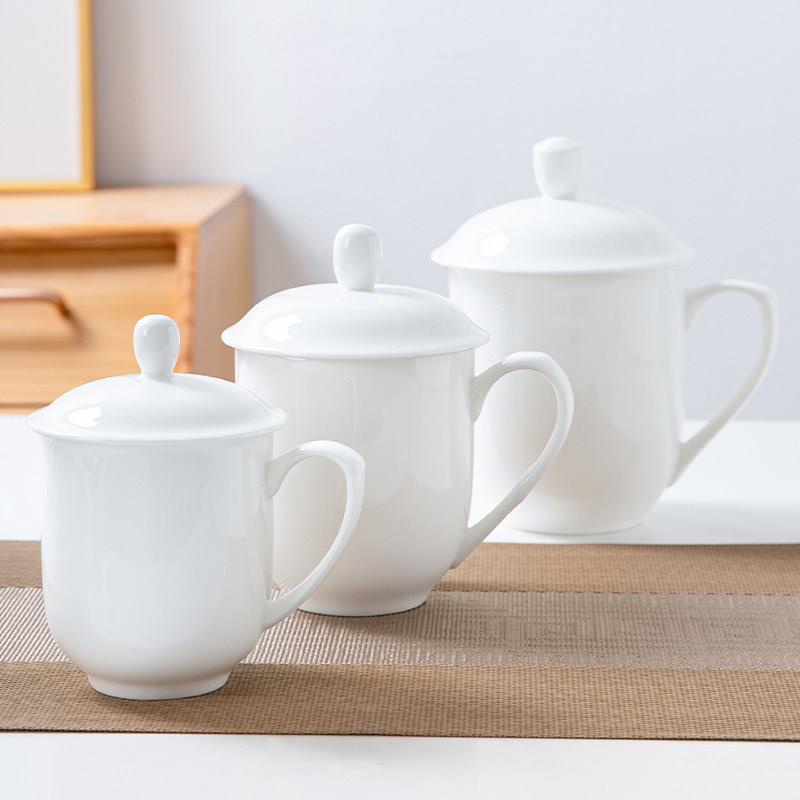 景德镇大型带盖新茶杯陶瓷杯骨瓷水杯白色杯办公会议杯定制