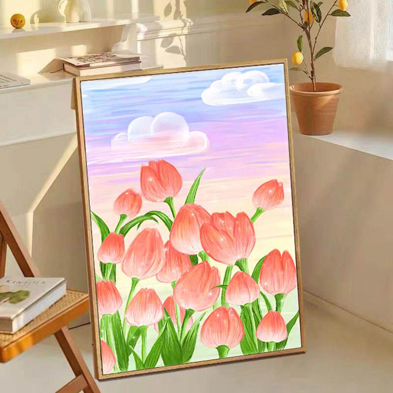 2024新款钻石画郁金香满钻带相框手工diy砖石点钻贴画十字绣客厅