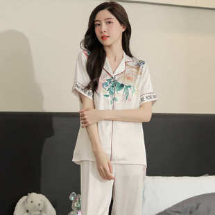 丝绸套装 夏季 睡衣短袖 中年韩版 甜美家居服抖音网红 女士冰丝薄款