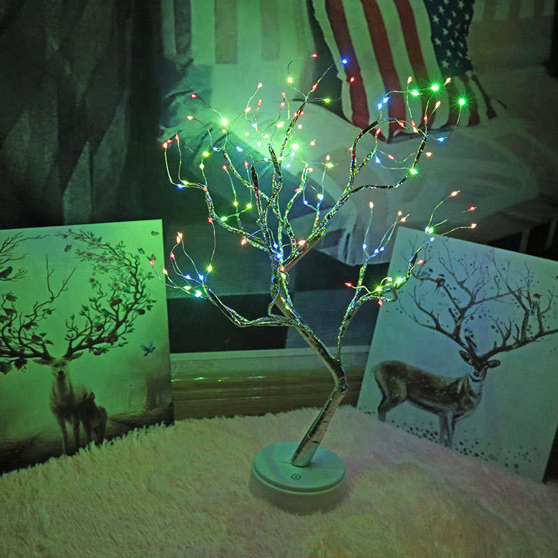 夜led小灯开关萤火虫桌面装饰卧室树触摸屏珍珠灯台灯创意灯铜线