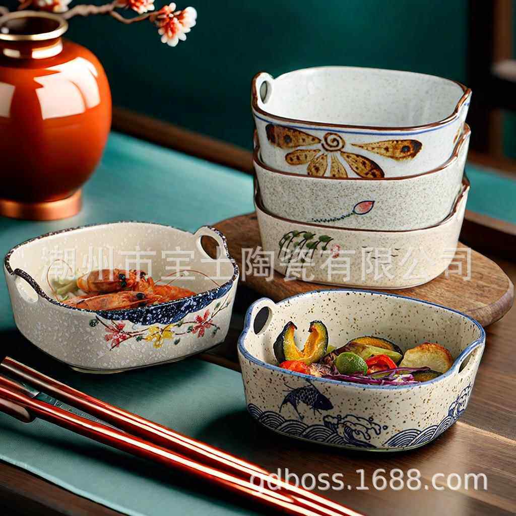 陶瓷双耳沙拉碗餐具焗饭碗泡面碗烤盘烤箱白瓷复古风轻奢复古