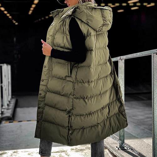 Women'S Long Puffer Vest With Quilted Hood And Button Down