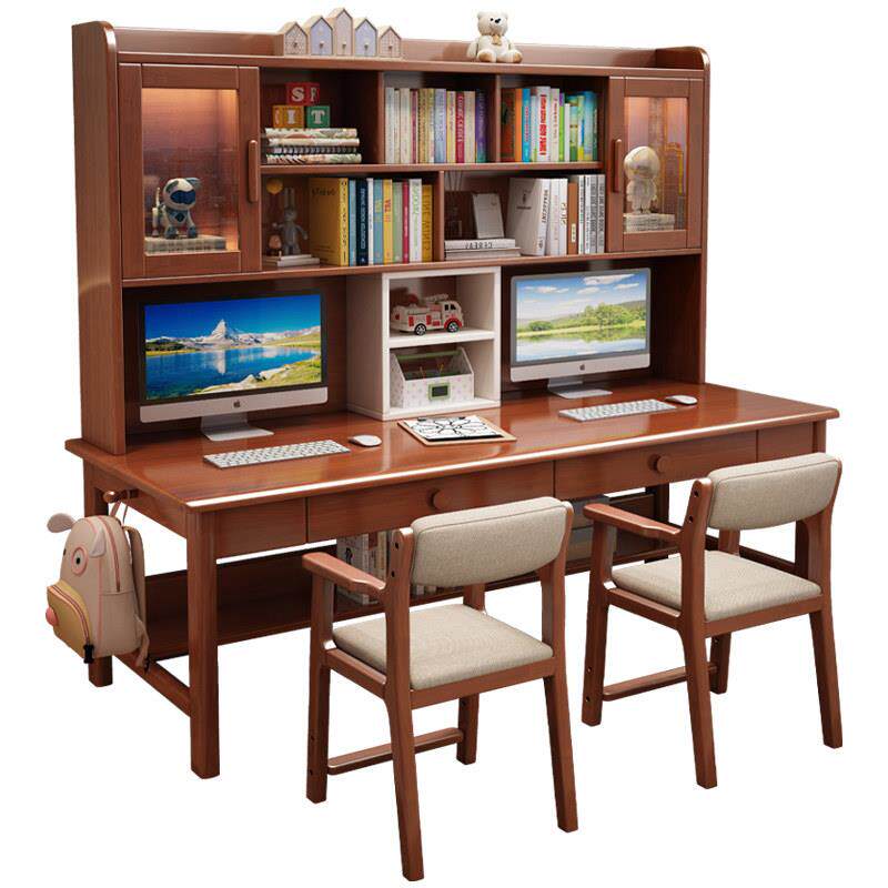 双人实木书桌书架书柜一体桌椅组合儿童学习桌书房超大加长电脑桌