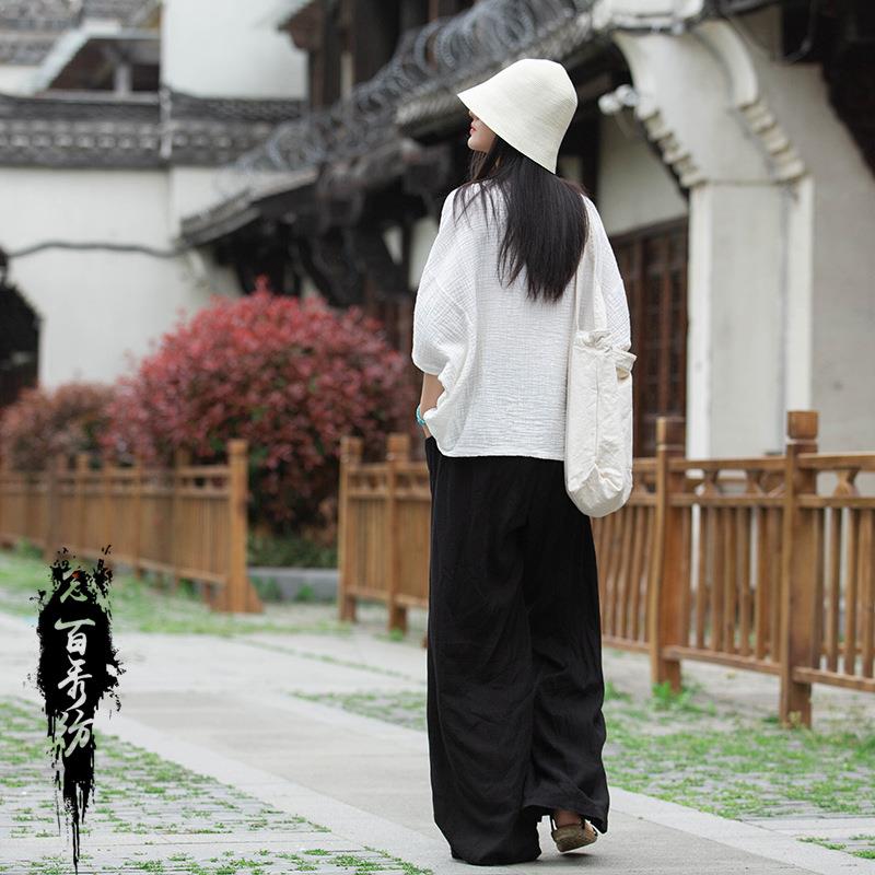2025秋棉麻女装新品双层竹节肌理感圆领宽松设计女式蝙蝠衫T恤衫