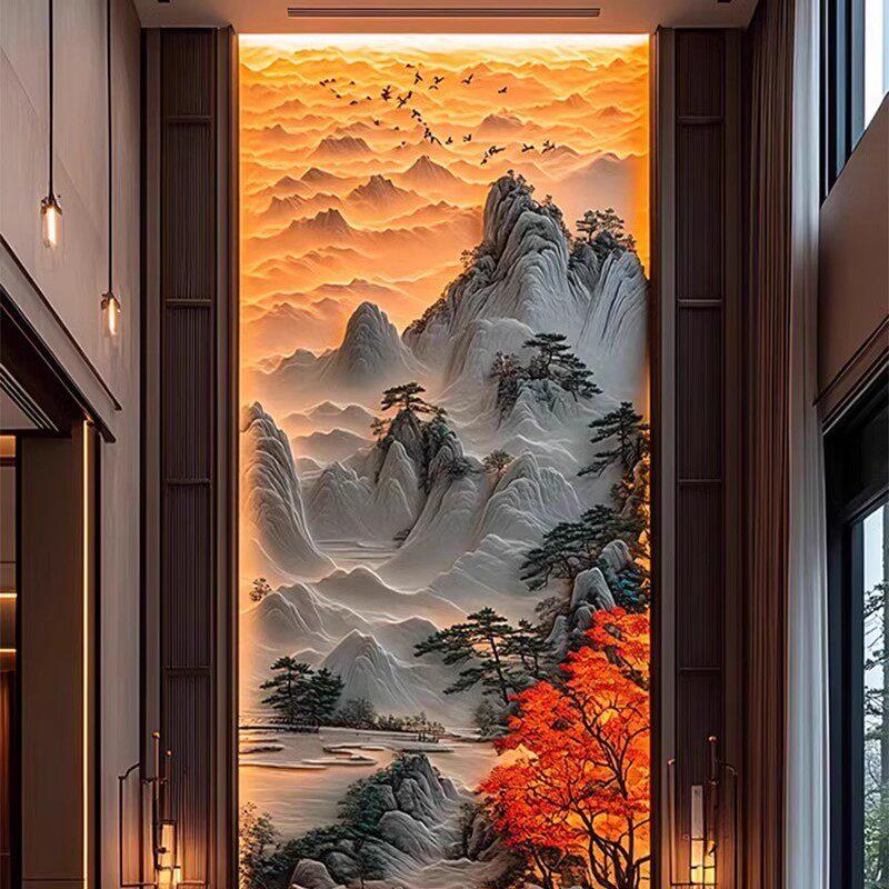 别墅浮雕立体背景墙复式楼挑空电视碳晶板亮光客厅玄关新中式墙板