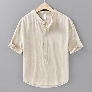 stand collar sleeved and shirt short linen Cotton men