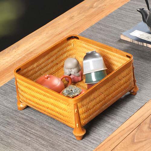 手工竹编收纳筐带提手家用水果篮茶具整理筐复古中式编织竹篮子